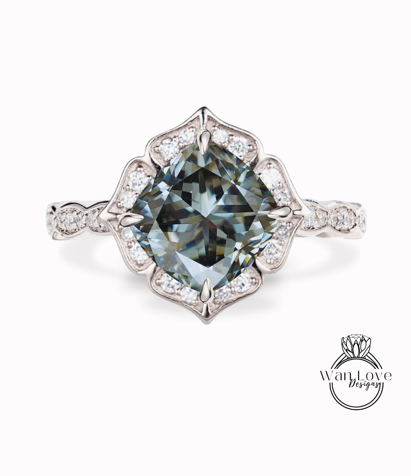 Grey Moissanite & Diamond Scalloped Floral Cushion Halo Leaf Antique Engagement Ring, WITH or WITHOUT Milgrain, 14k 18k Gold, Platinum Anniversary Gift