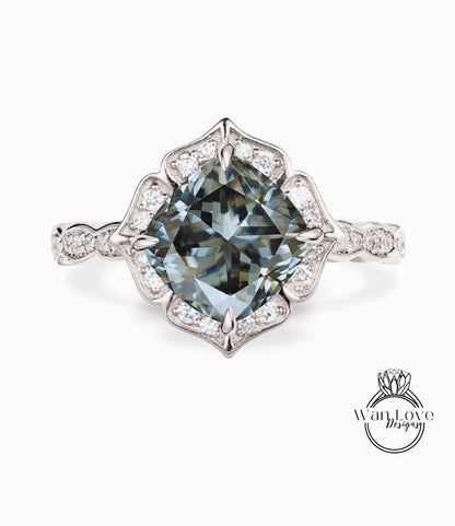 Grey Moissanite & Diamond Scalloped Floral Cushion Halo Leaf Antique Engagement Ring, WITH or WITHOUT Milgrain, 14k 18k Gold, Platinum Anniversary Gift