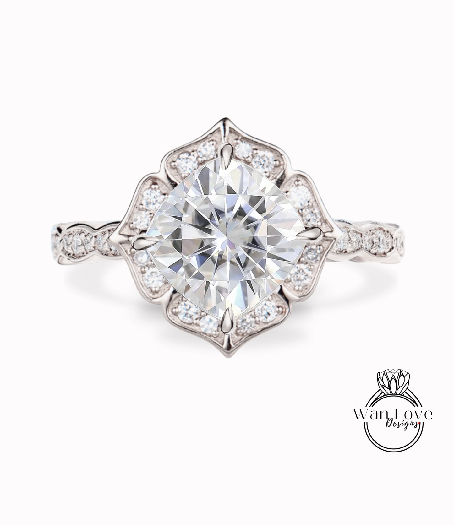Moissanite & Diamond Scalloped Floral Cushion Halo Leaf Antique Engagement Ring, WITH or WITHOUT Milgrain, 14k 18k Gold, Platinum Anniversary Gift