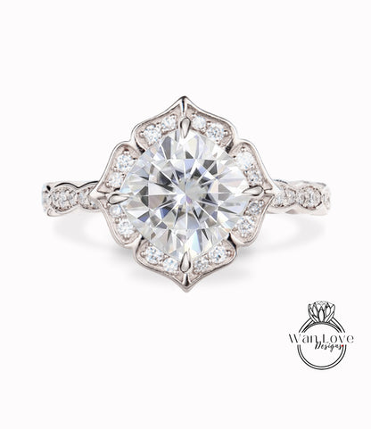 Moissanite & Diamond Scalloped Floral Cushion Halo Leaf Antique Engagement Ring, WITH or WITHOUT Milgrain, 14k 18k Gold, Platinum Anniversary Gift