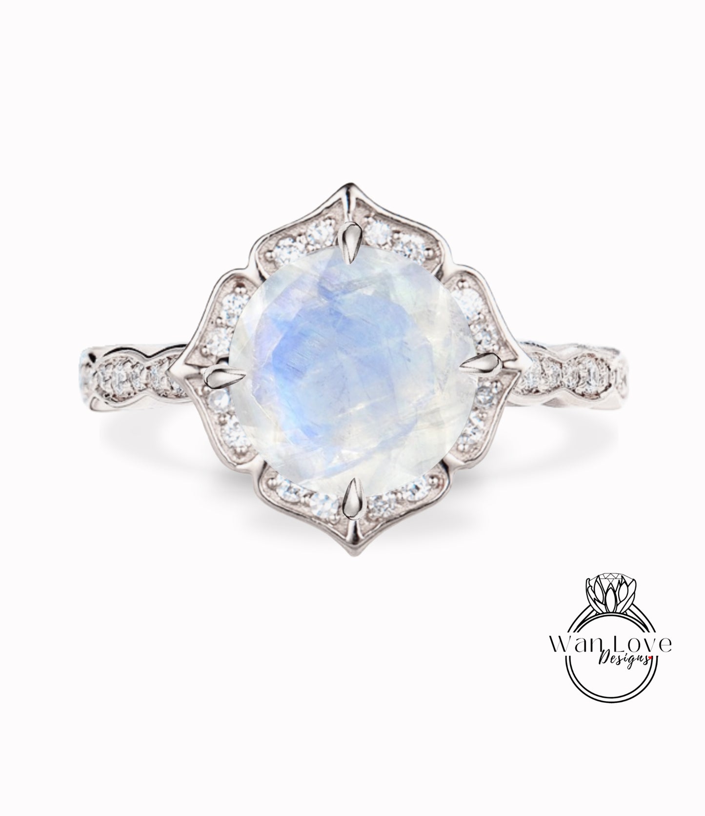 Moonstone & Diamond Scalloped Floral Cushion Halo Leaf Antique Round cut Engagement Ring, WITH or WITHOUT Milgrain, 14k 18k Gold, Platinum Anniversary Gift