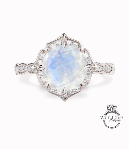 Moonstone & Diamond Scalloped Floral Cushion Halo Leaf Antique Round cut Engagement Ring, WITH or WITHOUT Milgrain, 14k 18k Gold, Platinum Anniversary Gift