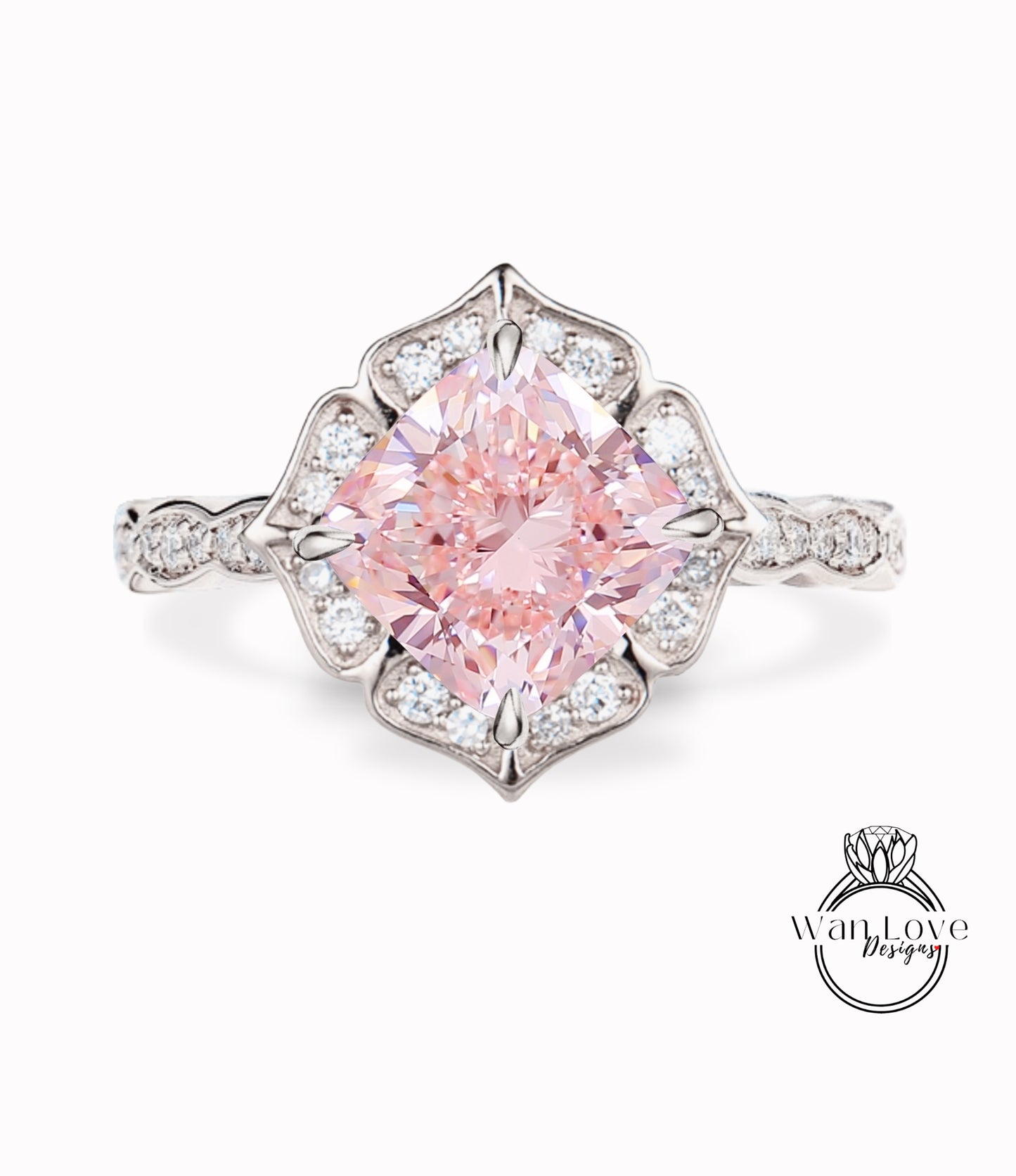 Pink Diamond Scalloped Floral Cushion Halo Leaf Antique Engagement Ring, WITH or WITHOUT Milgrain, 14k 18k Gold, Platinum Anniversary Gift