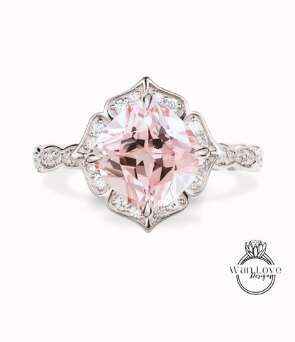 Anello di fidanzamento vintage con zaffiro rosa chiaro, anello con alone di diamanti, antico anello nuziale smerlato in milgrain, promessa di anniversario