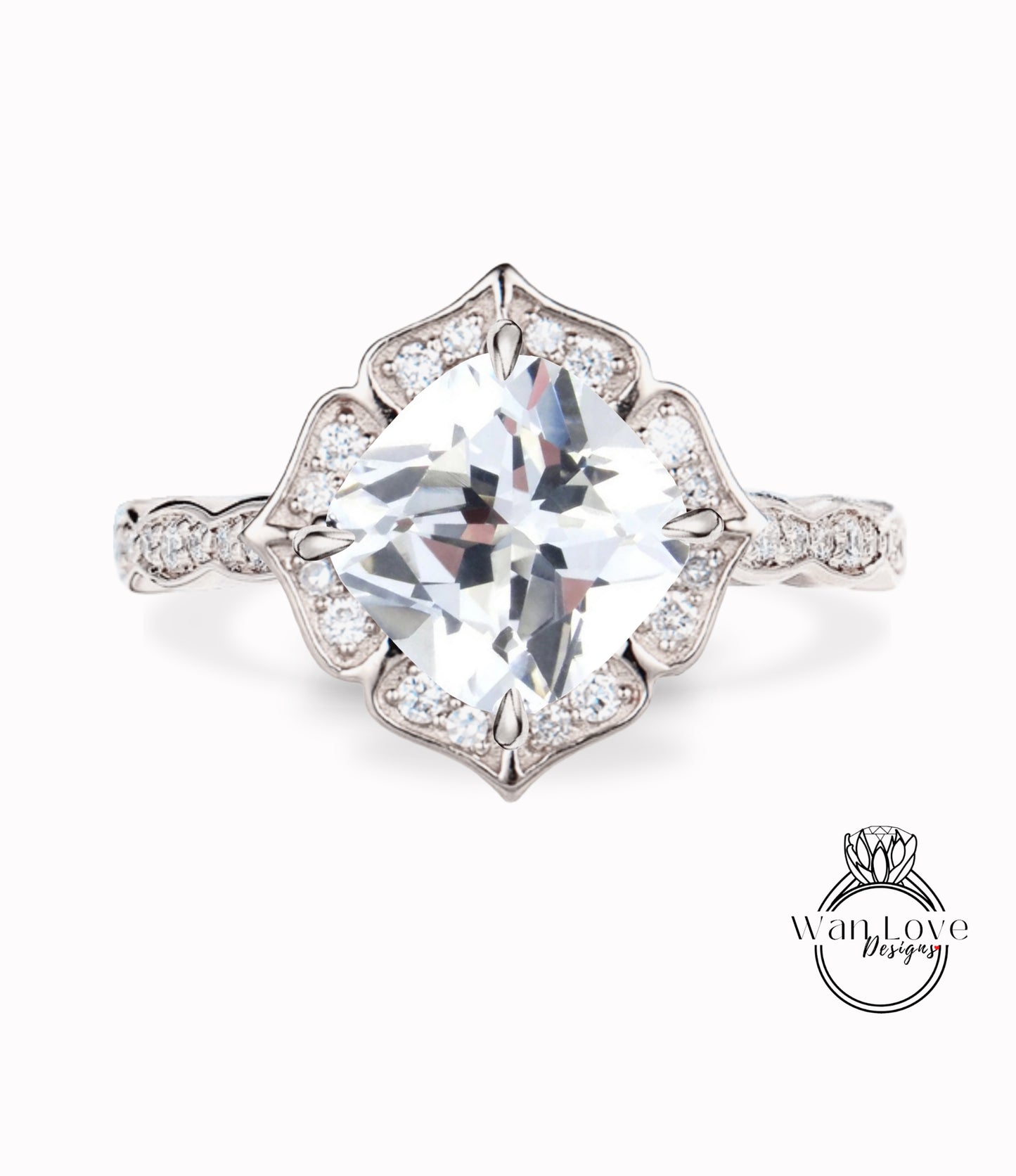 White Sapphire & Diamond Scalloped Floral Cushion Halo Leaf Antique Engagement Ring, WITH or WITHOUT Milgrain, 14k 18k Gold, Platinum Anniversary Gift