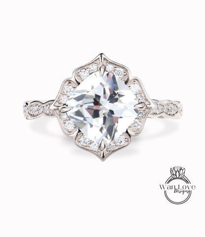 White Sapphire & Diamond Scalloped Floral Cushion Halo Leaf Antique Engagement Ring, WITH or WITHOUT Milgrain, 14k 18k Gold, Platinum Anniversary Gift