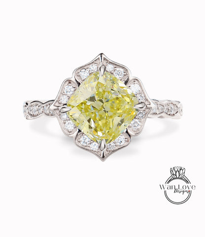 Yellow Diamond Scalloped Floral Cushion Halo Leaf Antique Engagement Ring, WITH or WITHOUT Milgrain, 14k 18k Gold, Platinum Anniversary Gift