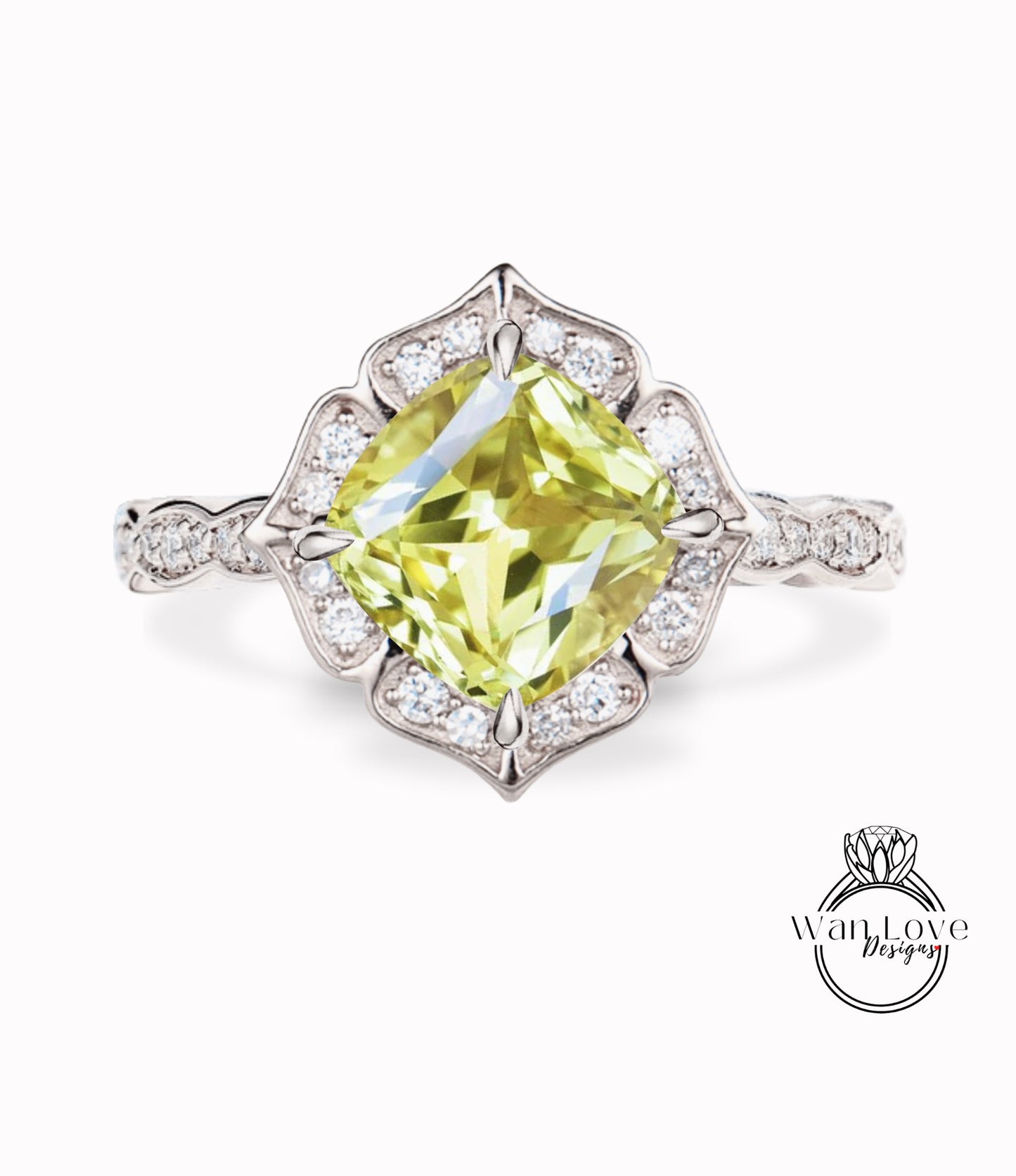 Yellow Sapphire & Diamond Scalloped Floral Cushion Halo Leaf Antique Engagement Ring, WITH or WITHOUT Milgrain, 14k 18k Gold, Platinum Anniversary Gift