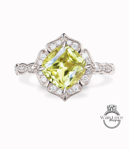 Yellow Sapphire & Diamond Scalloped Floral Cushion Halo Leaf Antique Engagement Ring, WITH or WITHOUT Milgrain, 14k 18k Gold, Platinum Anniversary Gift