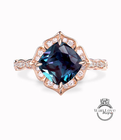 Anello di fidanzamento vintage con alessandrite Anello a forma di cuscino con taglio rotondo Anello nuziale antico smerlato in milgrain Anello di promessa di anniversario