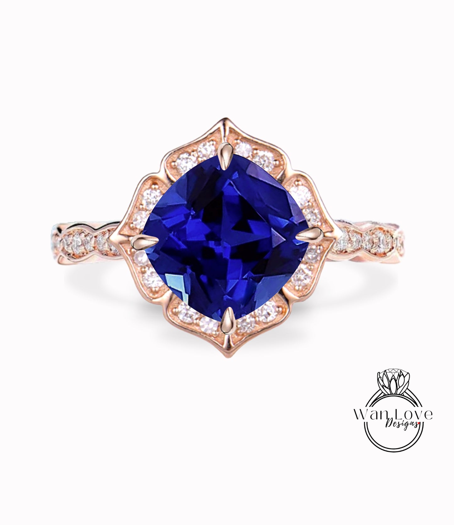 Blue Sapphire & Diamond Scalloped Floral Cushion Halo Leaf Antique Engagement Ring, WITH or WITHOUT Milgrain, 14k 18k Gold, Platinum Anniversary Gift