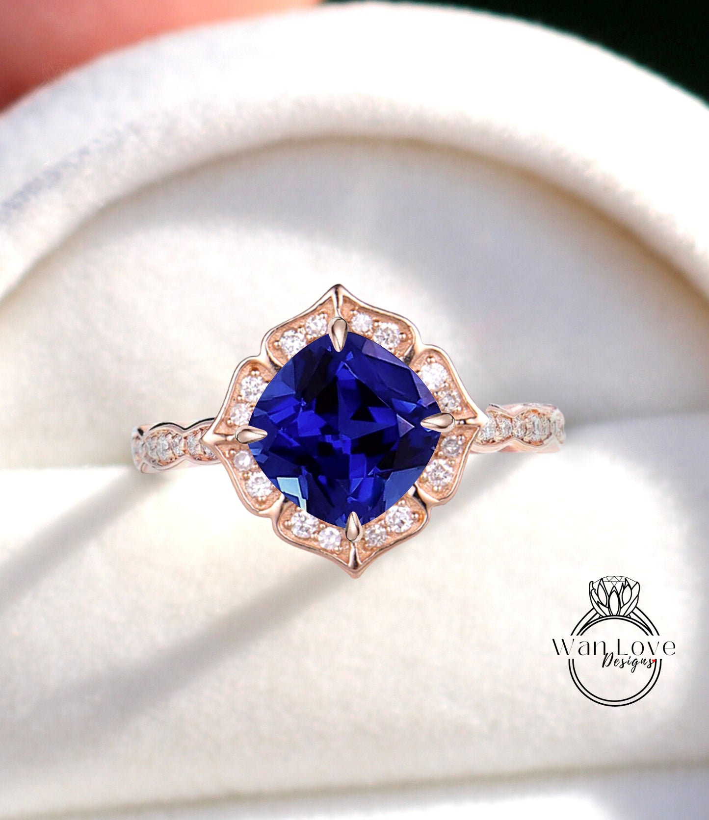 Blue Sapphire & Diamond Scalloped Floral Cushion Halo Leaf Antique Engagement Ring, WITH or WITHOUT Milgrain, 14k 18k Gold, Platinum Anniversary Gift