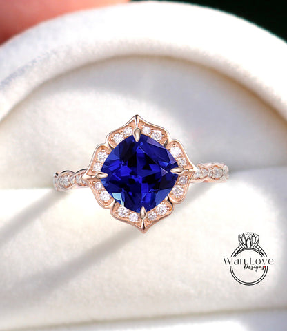 Blue Sapphire & Diamond Scalloped Floral Cushion Halo Leaf Antique Engagement Ring, WITH or WITHOUT Milgrain, 14k 18k Gold, Platinum Anniversary Gift