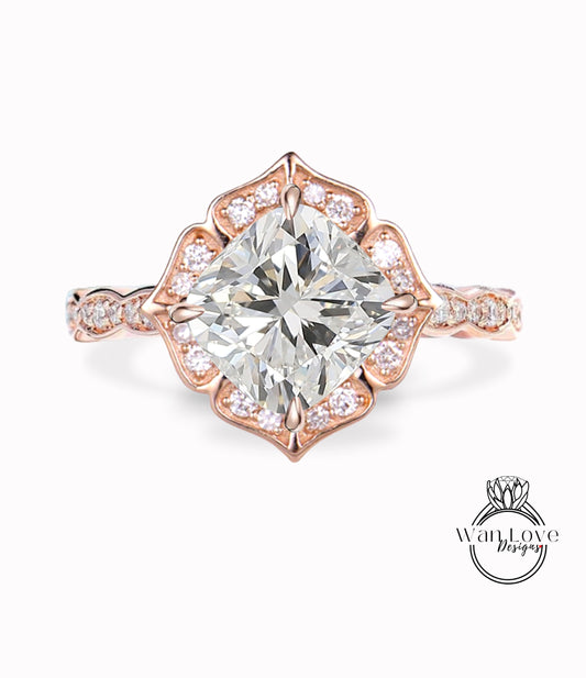 Diamond Scalloped Floral Cushion Halo Leaf Antique Engagement Ring, WITH or WITHOUT Milgrain, 14k 18k Gold, Platinum Anniversary Gift