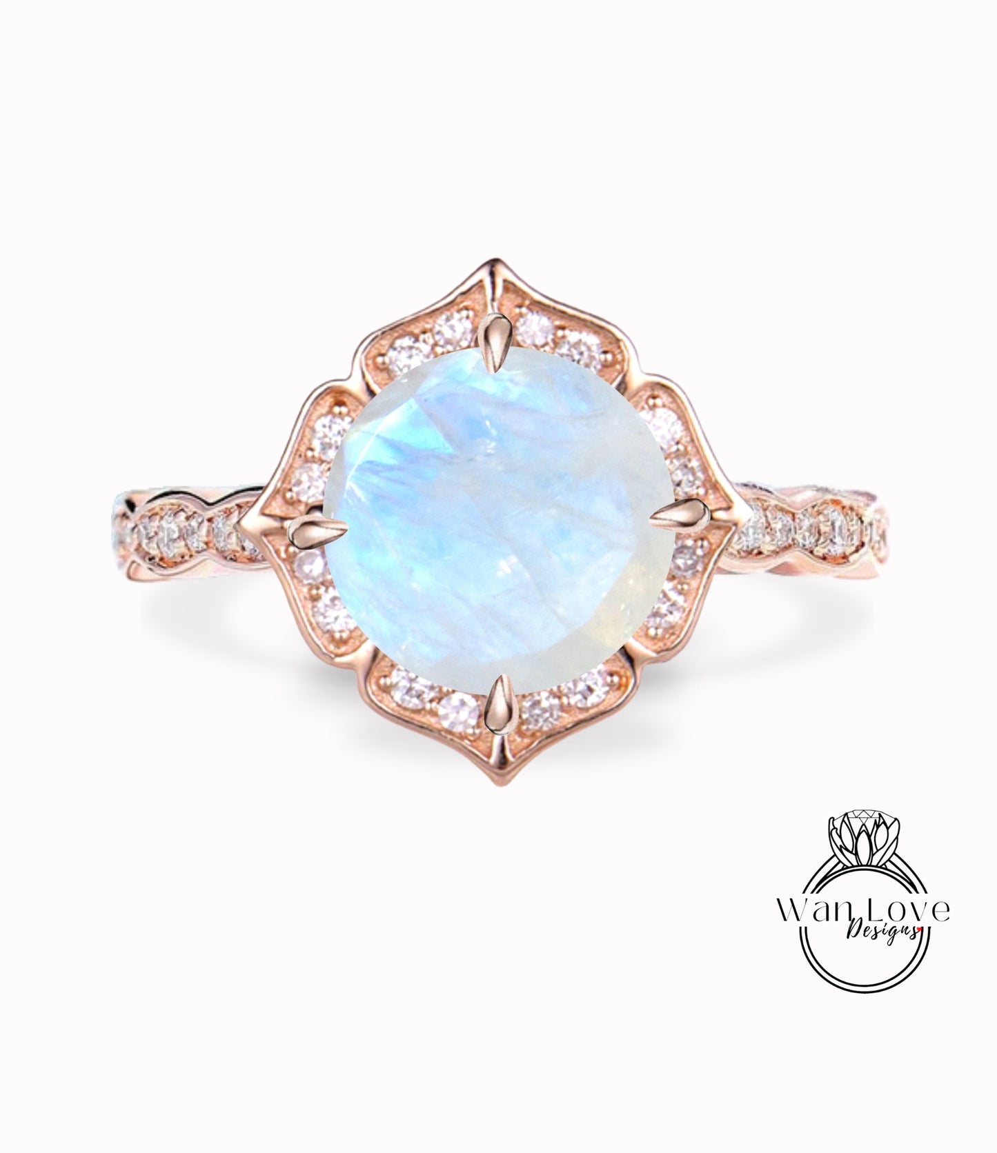 Moonstone & Diamond Scalloped Floral Cushion Halo Leaf Antique Round cut Engagement Ring, WITH or WITHOUT Milgrain, 14k 18k Gold, Platinum Anniversary Gift