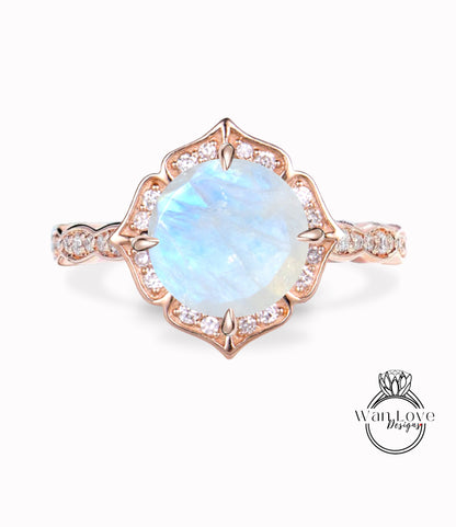 Moonstone & Diamond Scalloped Floral Cushion Halo Leaf Antique Round cut Engagement Ring, WITH or WITHOUT Milgrain, 14k 18k Gold, Platinum Anniversary Gift