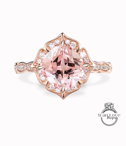 Peach Sapphire & Diamond Scalloped Floral Cushion Halo Leaf Antique Engagement Ring, WITH or WITHOUT Milgrain, 14k 18k Gold, Platinum Anniversary Gift