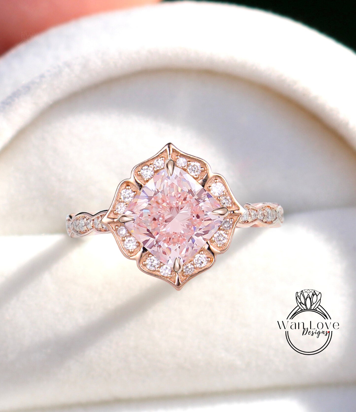 Pink Diamond Scalloped Floral Cushion Halo Leaf Antique Engagement Ring, WITH or WITHOUT Milgrain, 14k 18k Gold, Platinum Anniversary Gift