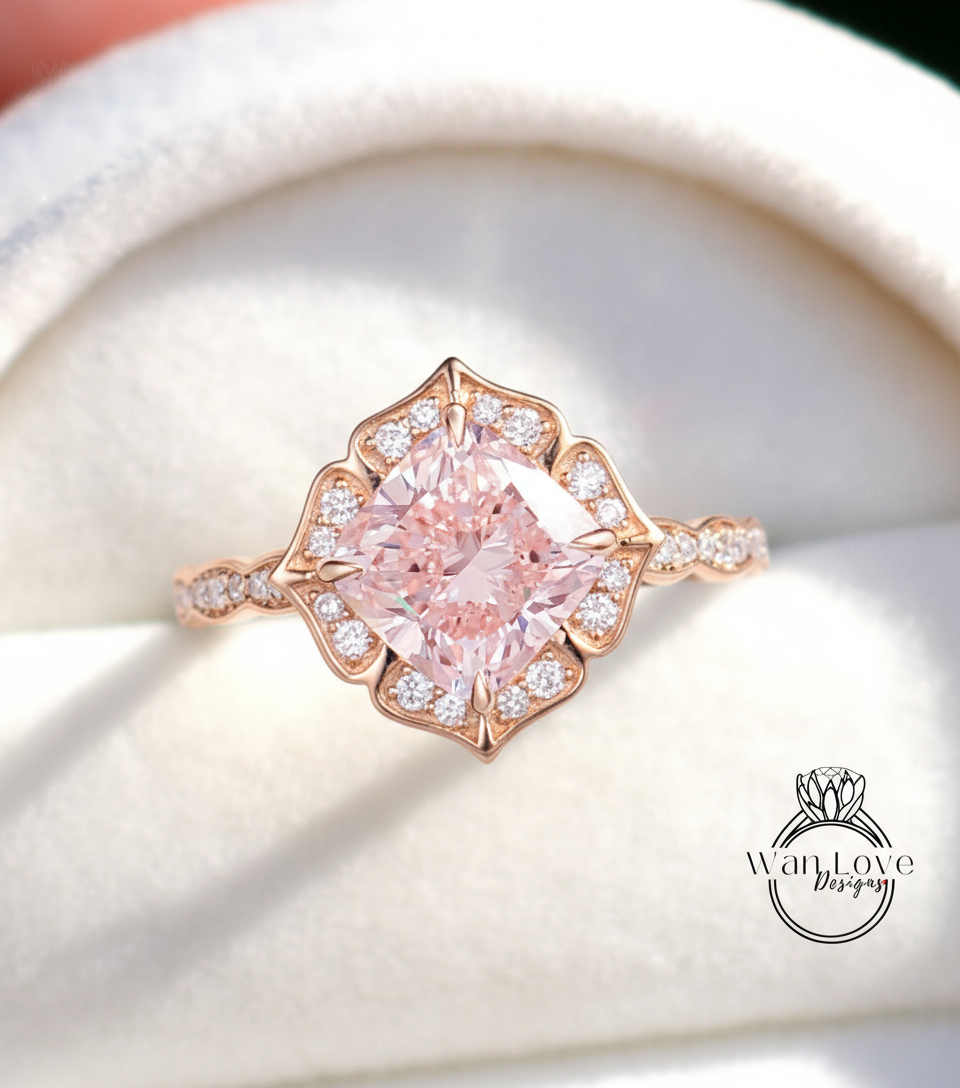 Pink Diamond Scalloped Floral Cushion Halo Leaf Antique Engagement Ring, WITH or WITHOUT Milgrain, 14k 18k Gold, Platinum Anniversary Gift
