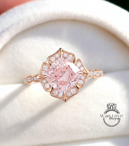 Pink Diamond Scalloped Floral Cushion Halo Leaf Antique Engagement Ring, WITH or WITHOUT Milgrain, 14k 18k Gold, Platinum Anniversary Gift
