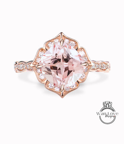 Anello di fidanzamento vintage con zaffiro rosa chiaro, anello con alone di diamanti, antico anello nuziale smerlato in milgrain, promessa di anniversario