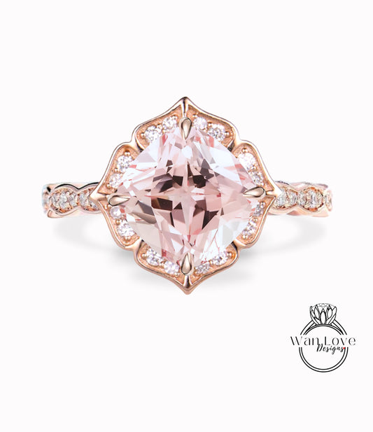 Light Pink Sapphire & Diamond Scalloped Floral Cushion Halo Leaf Antique Engagement Ring, WITH or WITHOUT Milgrain, 14k 18k Gold, Platinum Anniversary Gift