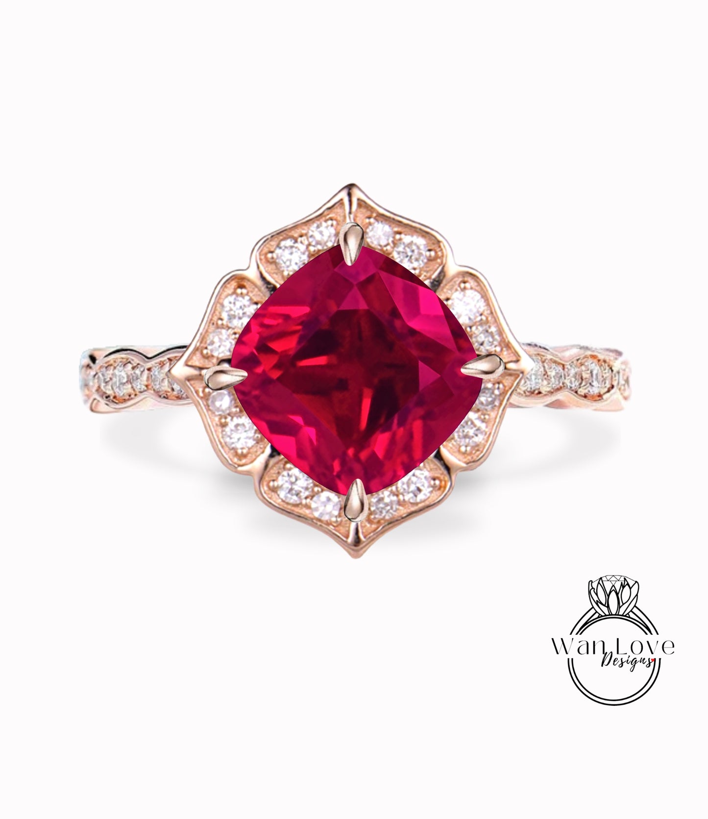 Ruby & Diamond Scalloped Floral Cushion Halo Leaf Antique Engagement Ring, WITH or WITHOUT Milgrain, 14k 18k Gold, Platinum Anniversary Gift