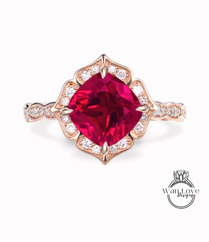 Ruby & Diamond Scalloped Floral Cushion Halo Leaf Antique Engagement Ring, WITH or WITHOUT Milgrain, 14k 18k Gold, Platinum Anniversary Gift