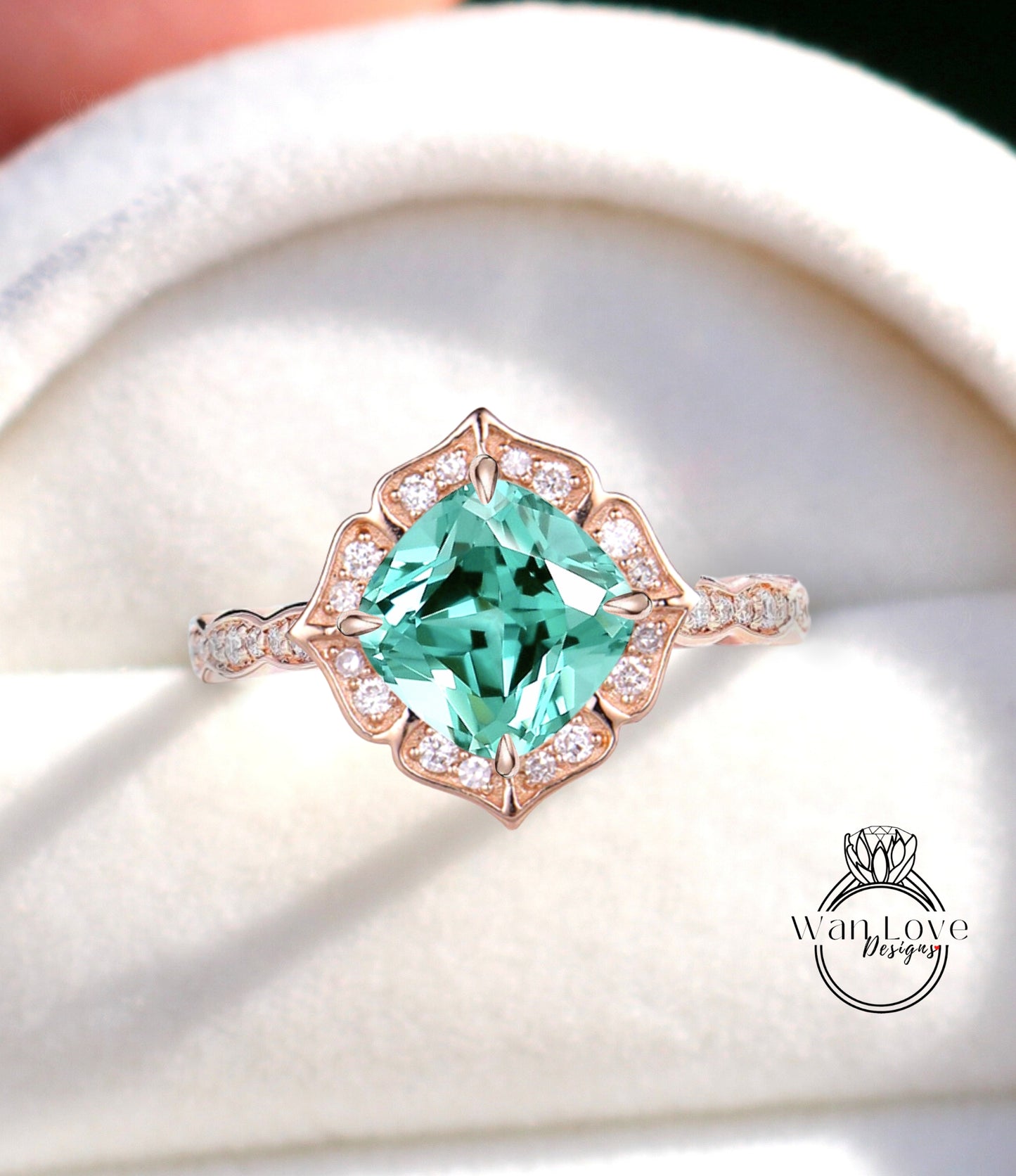 Teal Spinel & Diamond Scalloped Floral Cushion Halo Leaf Antique Engagement Ring, WITH or WITHOUT Milgrain, 14k 18k Gold, Platinum Anniversary Gift