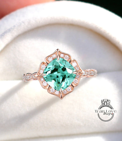 Teal Spinel & Diamond Scalloped Floral Cushion Halo Leaf Antique Engagement Ring, WITH or WITHOUT Milgrain, 14k 18k Gold, Platinum Anniversary Gift