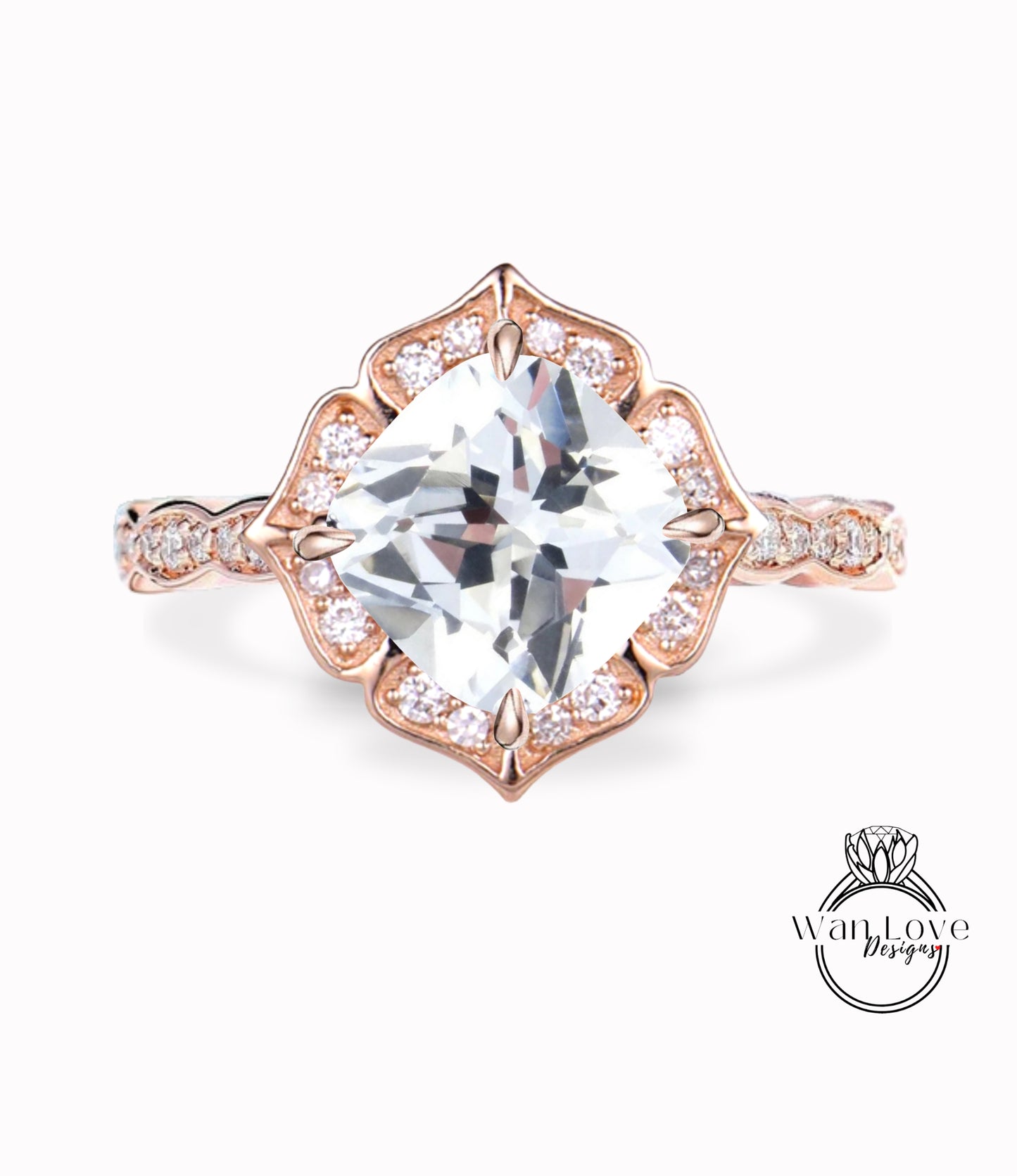 White Sapphire & Diamond Scalloped Floral Cushion Halo Leaf Antique Engagement Ring, WITH or WITHOUT Milgrain, 14k 18k Gold, Platinum Anniversary Gift