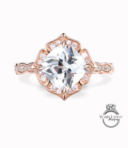 White Sapphire & Diamond Scalloped Floral Cushion Halo Leaf Antique Engagement Ring, WITH or WITHOUT Milgrain, 14k 18k Gold, Platinum Anniversary Gift