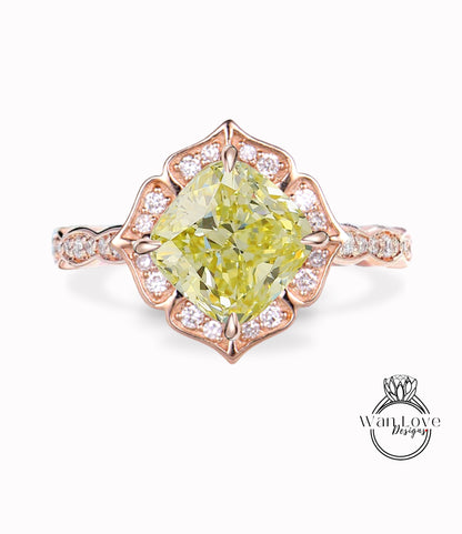 Yellow Diamond Scalloped Floral Cushion Halo Leaf Antique Engagement Ring, WITH or WITHOUT Milgrain, 14k 18k Gold, Platinum Anniversary Gift