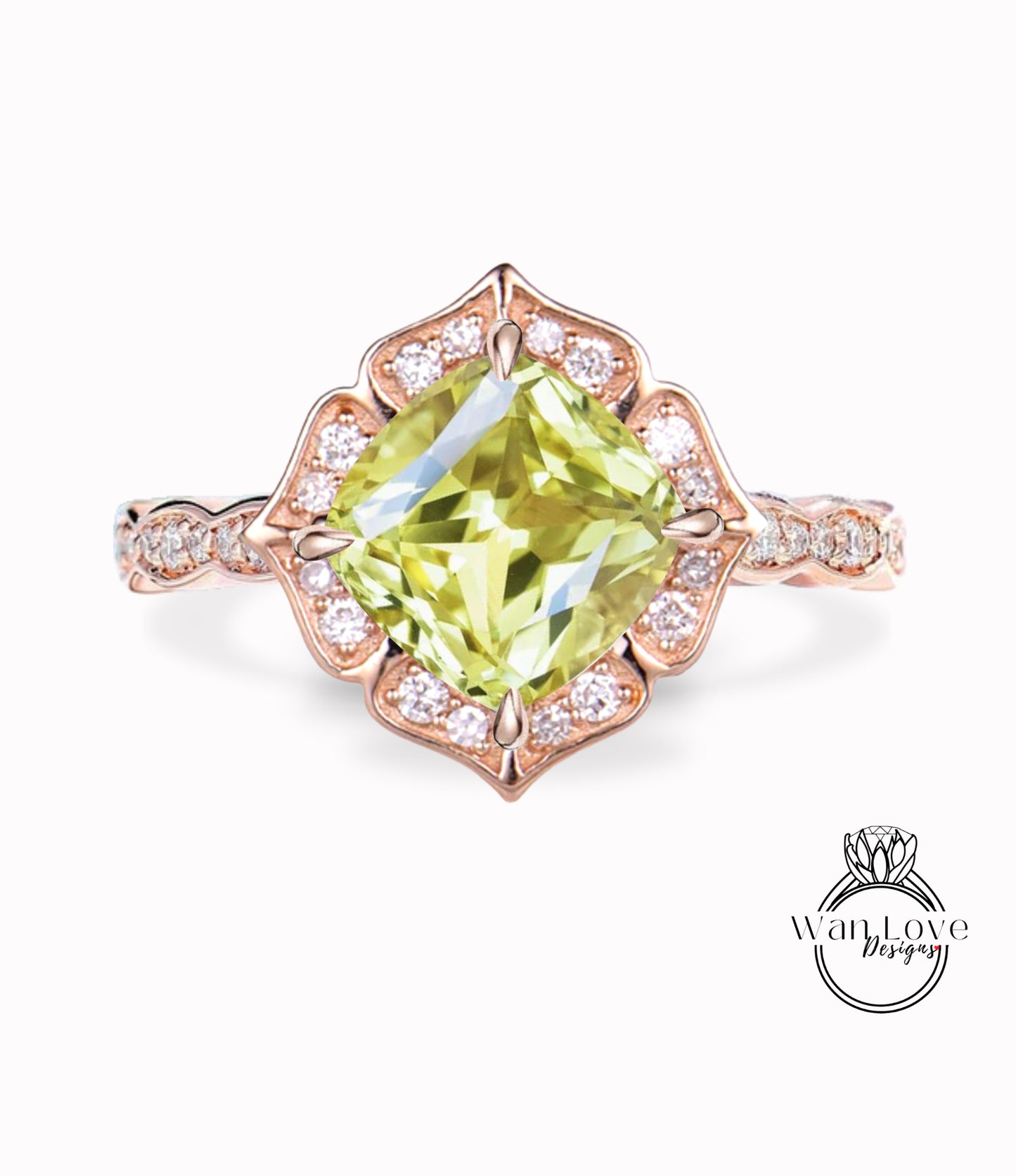 Yellow Sapphire & Diamond Scalloped Floral Cushion Halo Leaf Antique Engagement Ring, WITH or WITHOUT Milgrain, 14k 18k Gold, Platinum Anniversary Gift