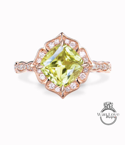 Yellow Sapphire & Diamond Scalloped Floral Cushion Halo Leaf Antique Engagement Ring, WITH or WITHOUT Milgrain, 14k 18k Gold, Platinum Anniversary Gift