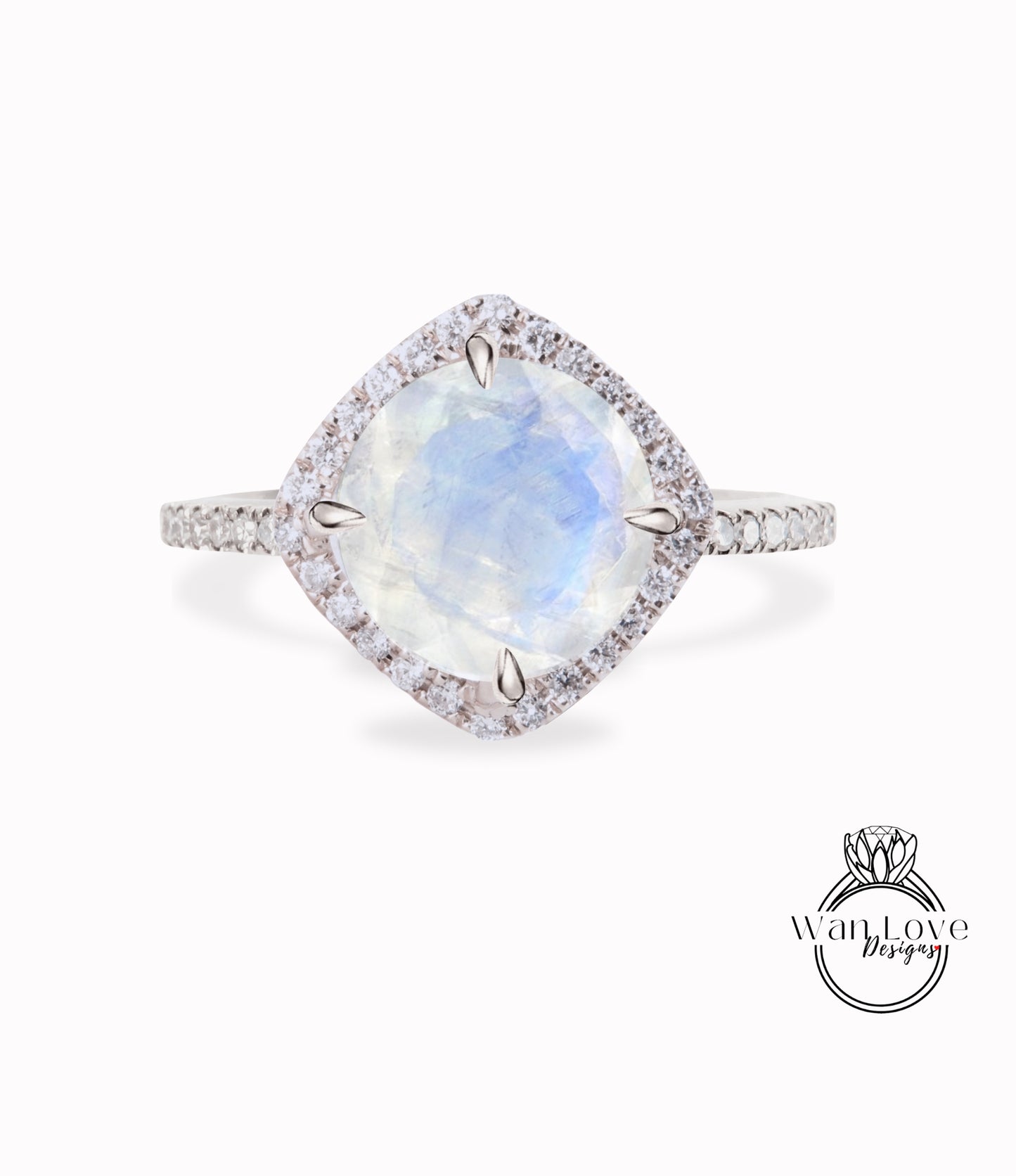 Anello di fidanzamento Moonstone Diamond North South Kite Cushion Halo-rotondo 14k 18k bianco giallo oro rosa-platino-matrimonio-regalo personalizzato