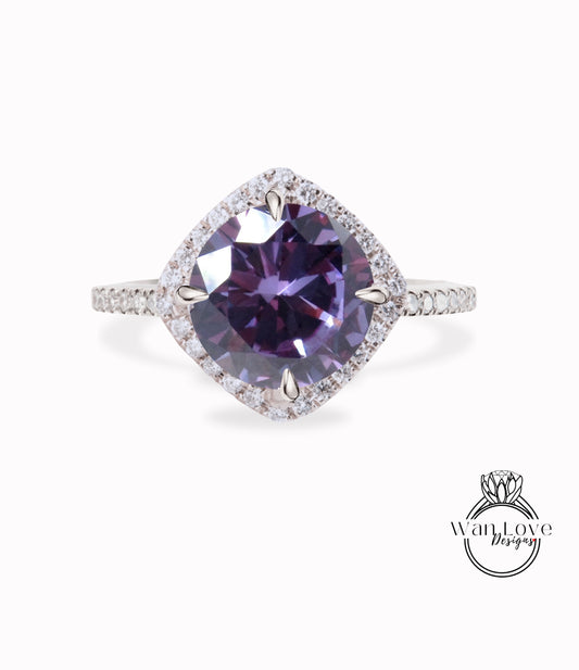 Zaffiro viola Alessandrite Colore e diamanti Aquilone Cuscino Halo Anello di fidanzamento Rotondo 14k 18k Bianco Giallo Oro rosa-Platino-Personalizzato