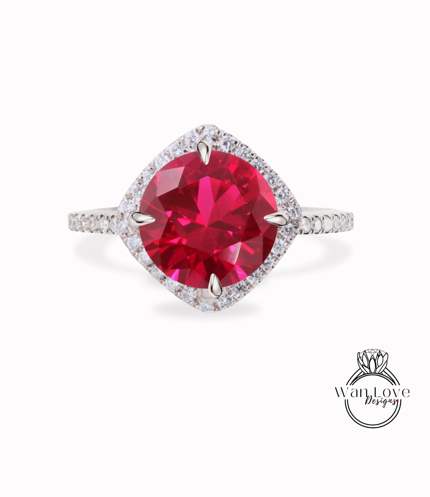 Ruby & Diamond Cushion Halo Engagement Ring-North South Kite Ring-Round Ruby Ring-Cushion Halo Custom-Wedding-Anniversary Gift