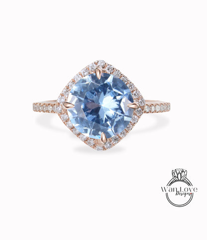 Aquamarine Blue Spinel & Diamond North Kite Cushion Halo Engagement Ring Round 14k 18k White Yellow Rose Gold Platinum Custom