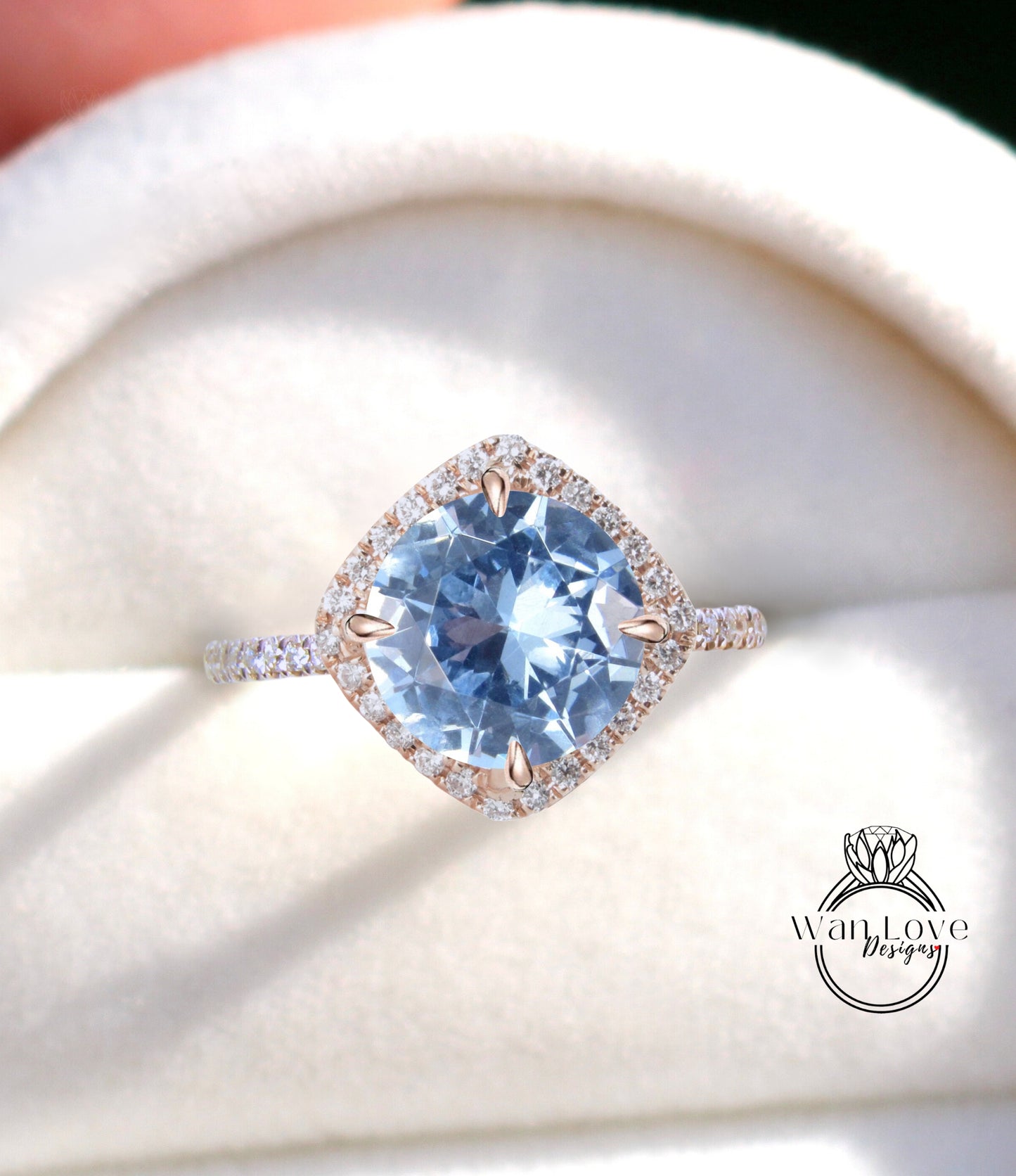 Aquamarine Blue Spinel & Diamond North Kite Cushion Halo Engagement Ring Round 14k 18k White Yellow Rose Gold Platinum Custom