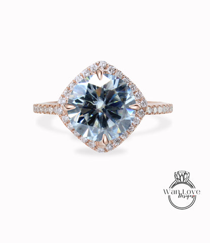 Anello di fidanzamento con moissanite grigia e aquilone con diamante e cuscino Halo, sottile e delicato, punte della bussola NSEW, oro 14kt 18kt, platino, personalizzato, matrimonio