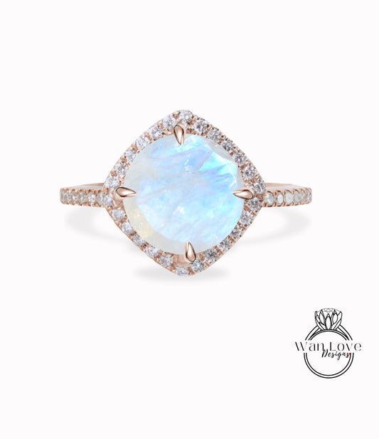 Anello di fidanzamento Moonstone Diamond North South Kite Cushion Halo-rotondo 14k 18k bianco giallo oro rosa-platino-matrimonio-regalo personalizzato