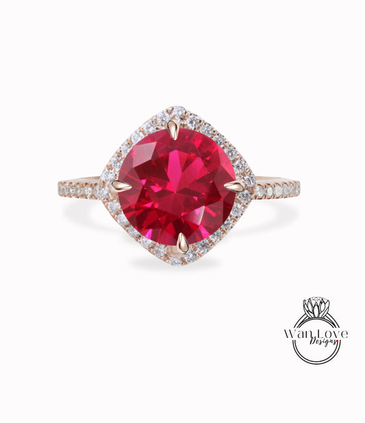 Ruby & Diamond Cushion Halo Engagement Ring-North South Kite Ring-Round Ruby Ring-Cushion Halo Custom-Wedding-Anniversary Gift