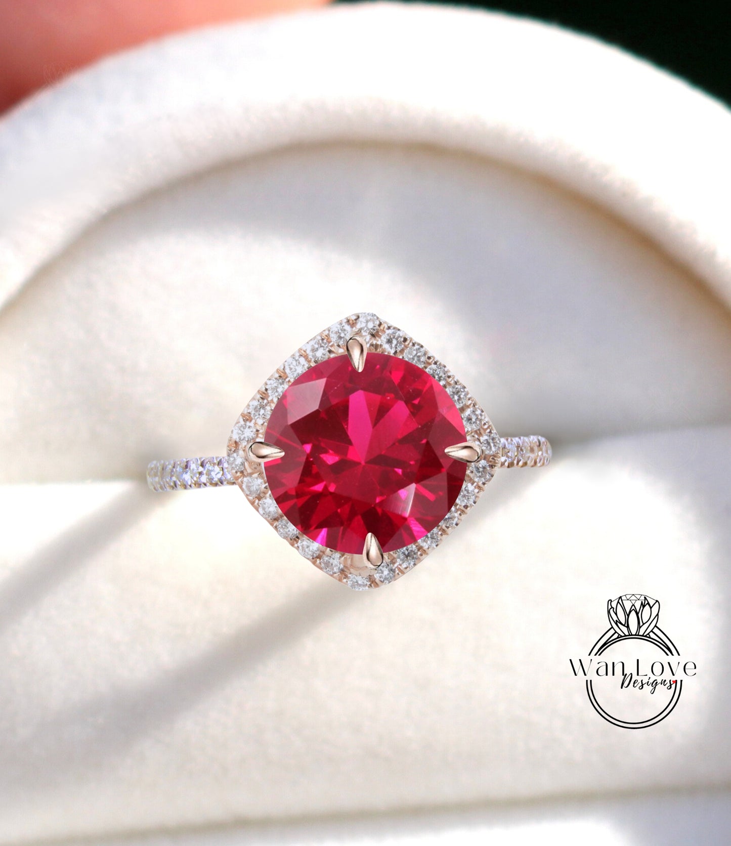 Ruby & Diamond Cushion Halo Engagement Ring-North South Kite Ring-Round Ruby Ring-Cushion Halo Custom-Wedding-Anniversary Gift