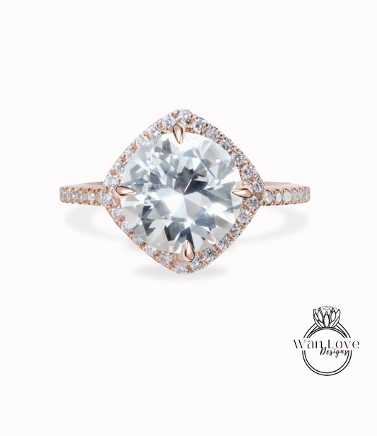 White Sapphire Diamond North South Kite Cushion Halo Engagement Ring Round, 14k 18k White Yellow Rose Gold-Platinum-Custom-Wedding