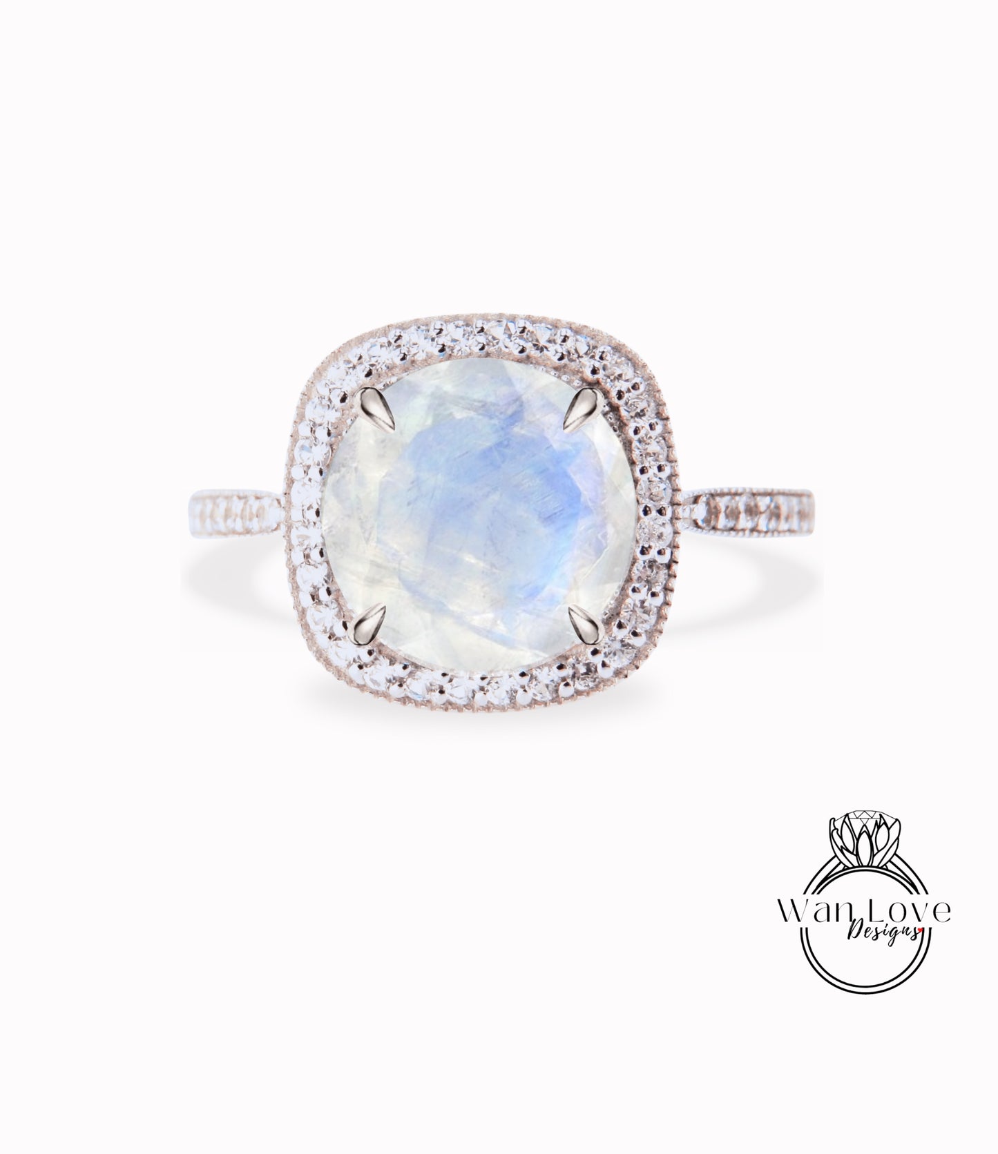 Cuscino Halo Moonstone Anello di fidanzamento, Anello nuziale con diamante/Moissanite Halo, Anello personalizzato Half Eternity Diamond Milgrain, Anello in oro 14k/18k