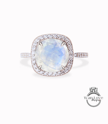 Cuscino Halo Moonstone Anello di fidanzamento, Anello nuziale con diamante/Moissanite Halo, Anello personalizzato Half Eternity Diamond Milgrain, Anello in oro 14k/18k