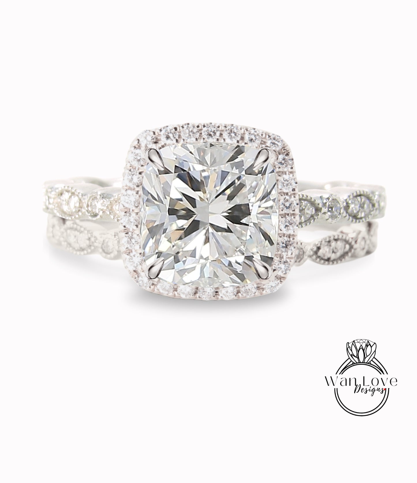 Cuscino di diamanti Anello di fidanzamento con foglia Milgrain Set di fedi nuziali IGI CVD HPHT Lab Diamanti personalizzati, 14k 18k Bianco Giallo Oro rosa-Platino