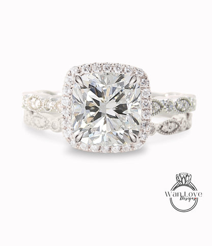 Cuscino di diamanti Anello di fidanzamento con foglia Milgrain Set di fedi nuziali IGI CVD HPHT Lab Diamanti personalizzati, 14k 18k Bianco Giallo Oro rosa-Platino