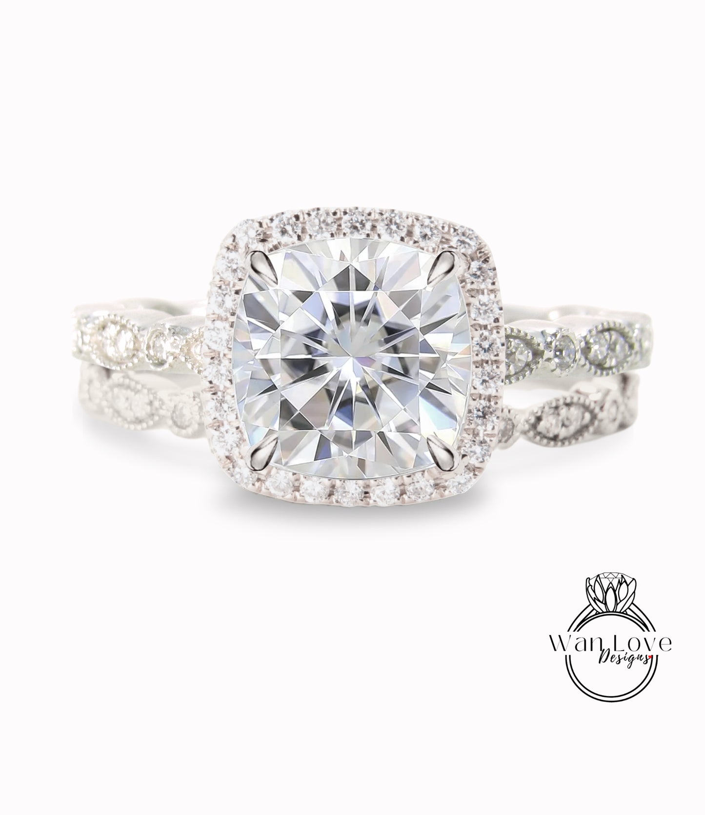 Set di 2: Anello di fidanzamento con cuscino Halo e fascia Art Deco in oro rosa 14k, set da sposa con cuscino in moissanite, set da sposa in moissanite di WanLoveDeisgns